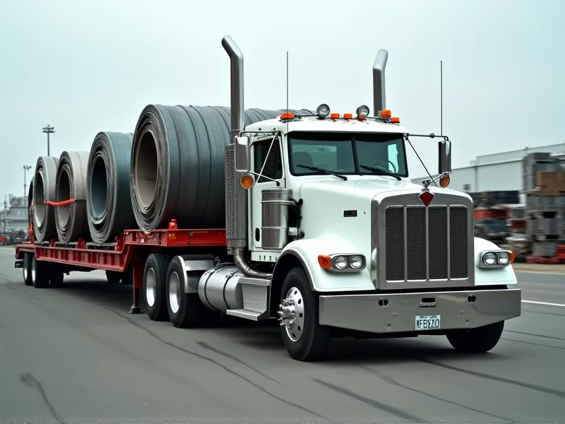 Flatbed trailer carrying strapped machinery