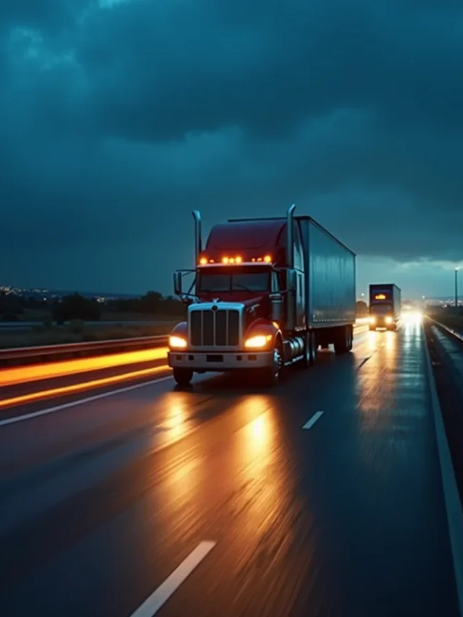 Ironline tractor-trailer running an amber-lit night highway